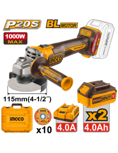 MINIAMOLADORA BAT. 115MM 20V 2 BAT. 4 Ah MOTOR BL + CARGADOR + 10 DISCOS 1105
