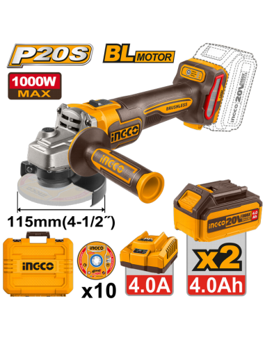 MINIAMOLADORA BAT. 115MM 20V 2 BAT. 4 Ah MOTOR BL + CARGADOR + 10 DISCOS 1105