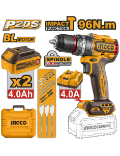 TALADRO PERCUTOR BAT. 20 V 2 BAT. 4 Ah 96 Nm +cargador motor BL + acces. 1095