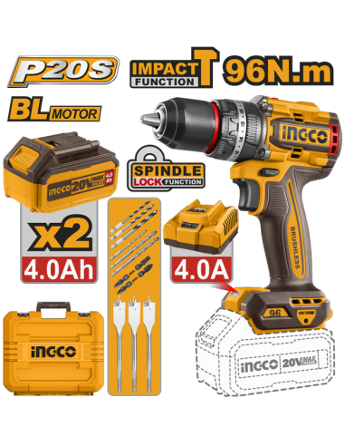 TALADRO PERCUTOR BAT. 20 V 2 BAT. 4 Ah 96 Nm +cargador motor BL + acces. 1095