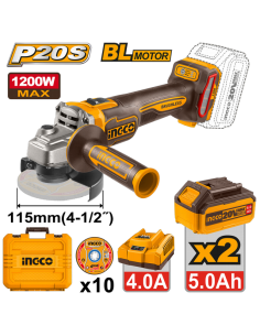 MINIAMOLADORA BAT. 115MM 20V 2 BAT. 5 Ah MOTOR BL + CARGADOR + 10 DISCOS