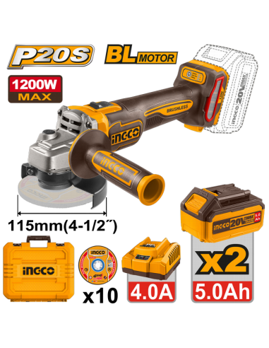 MINIAMOLADORA BAT. 115MM 20V 2 BAT. 5 Ah MOTOR BL + CARGADOR + 10 DISCOS