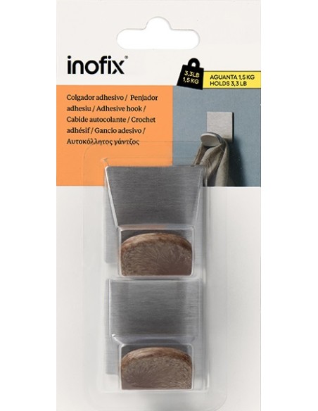 COLGADOR ADHESIVO C/ BASE 2078-9 ACERO MADERA - 2UDS